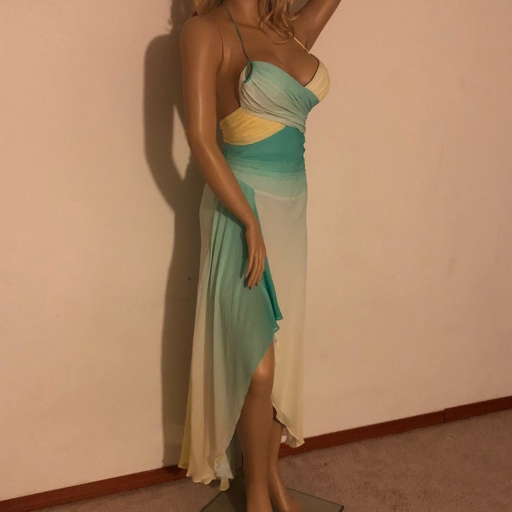 BCBGMAXAZRIA Silk Ombre Halter Dress | Teal Cream Hi-Lo Formal Dress 4 - Picture 4 of 9